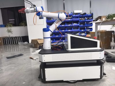 A Composite Collaborative Robot used at Shaoyang University, combining a mobile base, 6-axis collaborative arm, and deep vision system for robotics education and AI training.