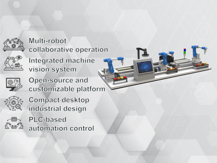Desktop Intelligent Manufacturing Production Line with multi-robot collaboration, vision system, and conveyor modules for smart factory training